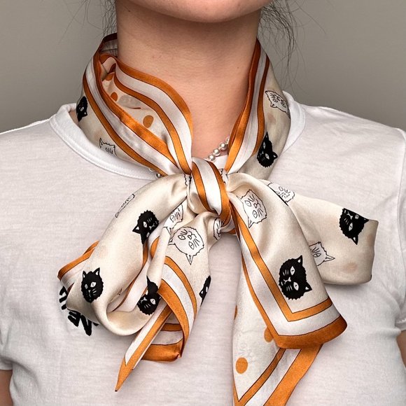 Cats & Polka Dots Orange & White Double-Layer Pure Silk Skinny Scarf - Picture 2 of 6